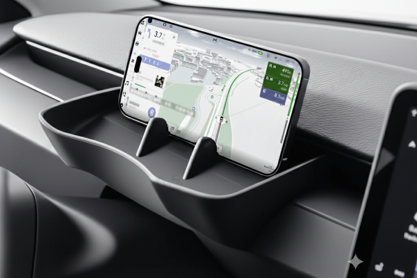 Phone mount on a car dashboard with a smartphone displaying a navigation app.