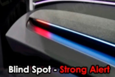 DASh view of  'Blind Spot - Strong Alert' warning on Tesl Blind Spot Detection