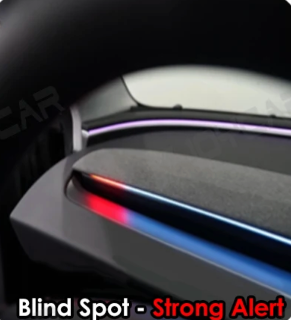 Strong alert with blind spot warning system indicator on a dark background