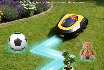 Suntek V600 Robotic lawn mower on grass avoiding a soccer ball and teddy bear nearby