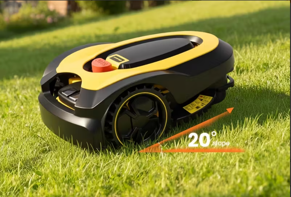 Suntek V600 Robotic lawn mower on grass with a slope indicator