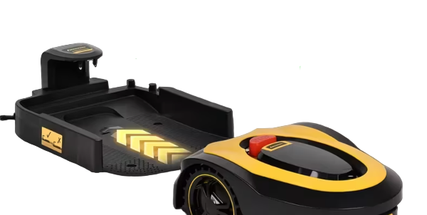 Robot lawn mower with charging station and battery icon on a black background