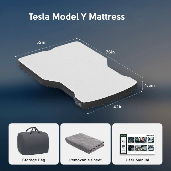 Tesla Model Y Mattress with dimensions and included items on a dark blue background