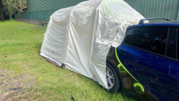 Tesla Tent Closed up Attached to Tesla 
