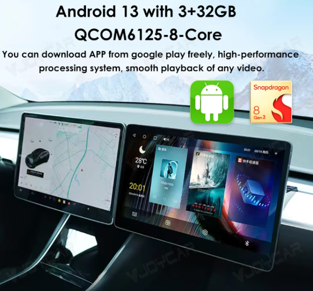 Tesla Juniper and YL passenger screen system with Android 13 display, Snapdragon 8and QCOM6125-8-Core processor.