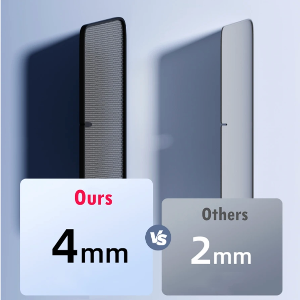 Comparison of Tesla front windscreen thickness with 'Ours' at 4mm and 'Others' at 2mm on a light blue background.