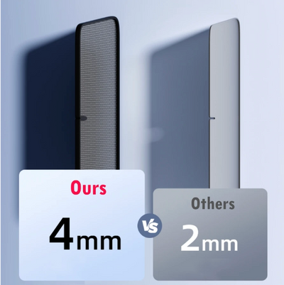 Comparison of Tesla front windscreen thickness with 'Ours' at 4mm and 'Others' at 2mm on a light blue background.