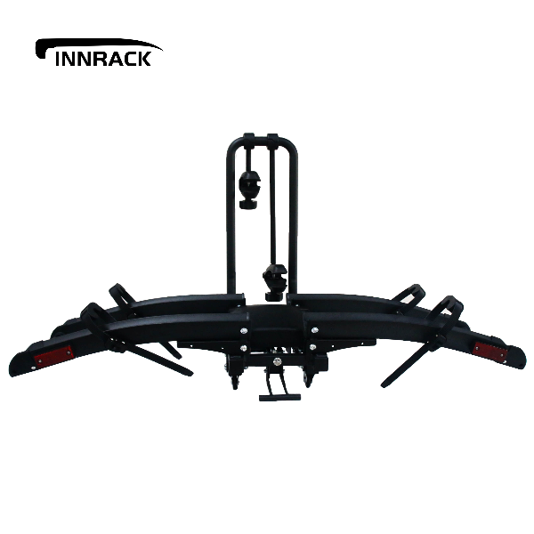 Black bicycle rack that can hold 2 x E-bike, Mountain Bike or road bike with INNRACK branding on a white background