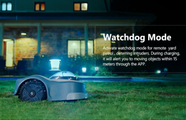 Robotic lawn mower on grass with text about Watchdog Mode at night.
