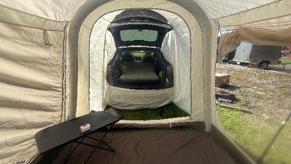 Inside Tesla Tent with Mattress and Picnic Table