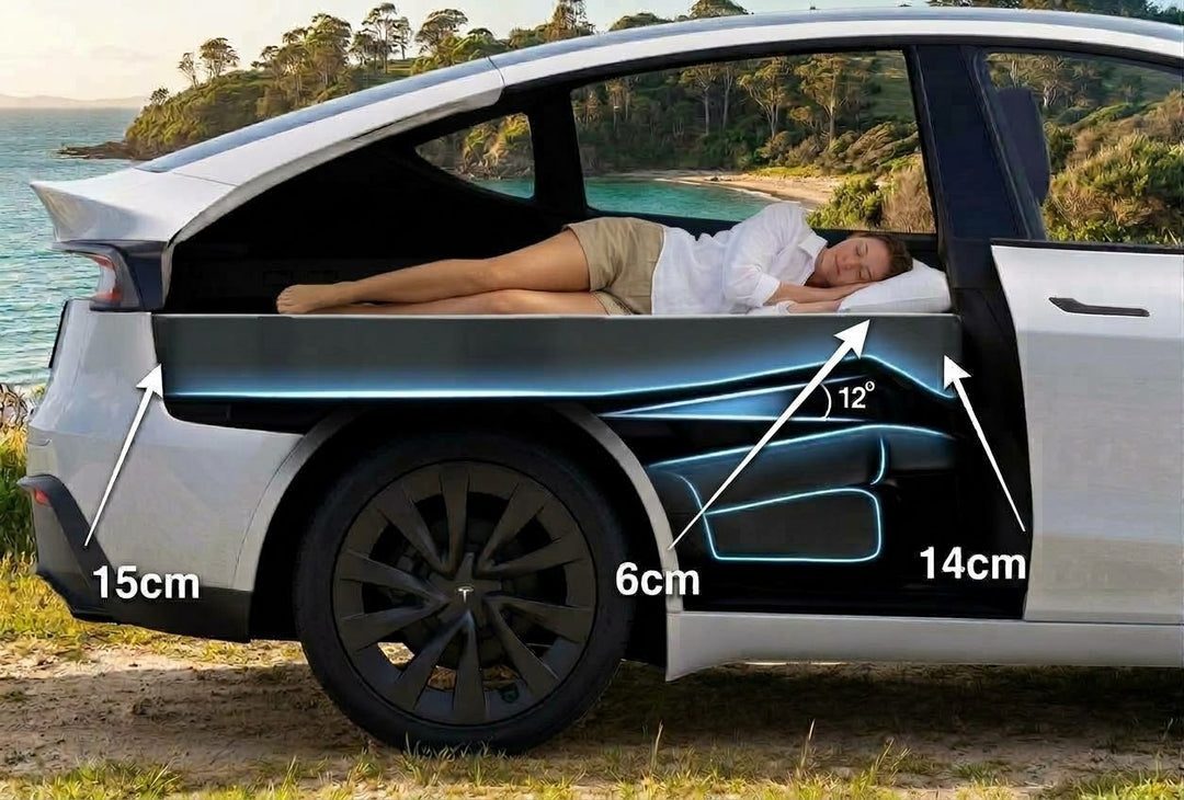 Tesla Model Y camping mattress thickness: 15cm at the boot, 6cm over the folded rear seats, 14cm behind the front seats
