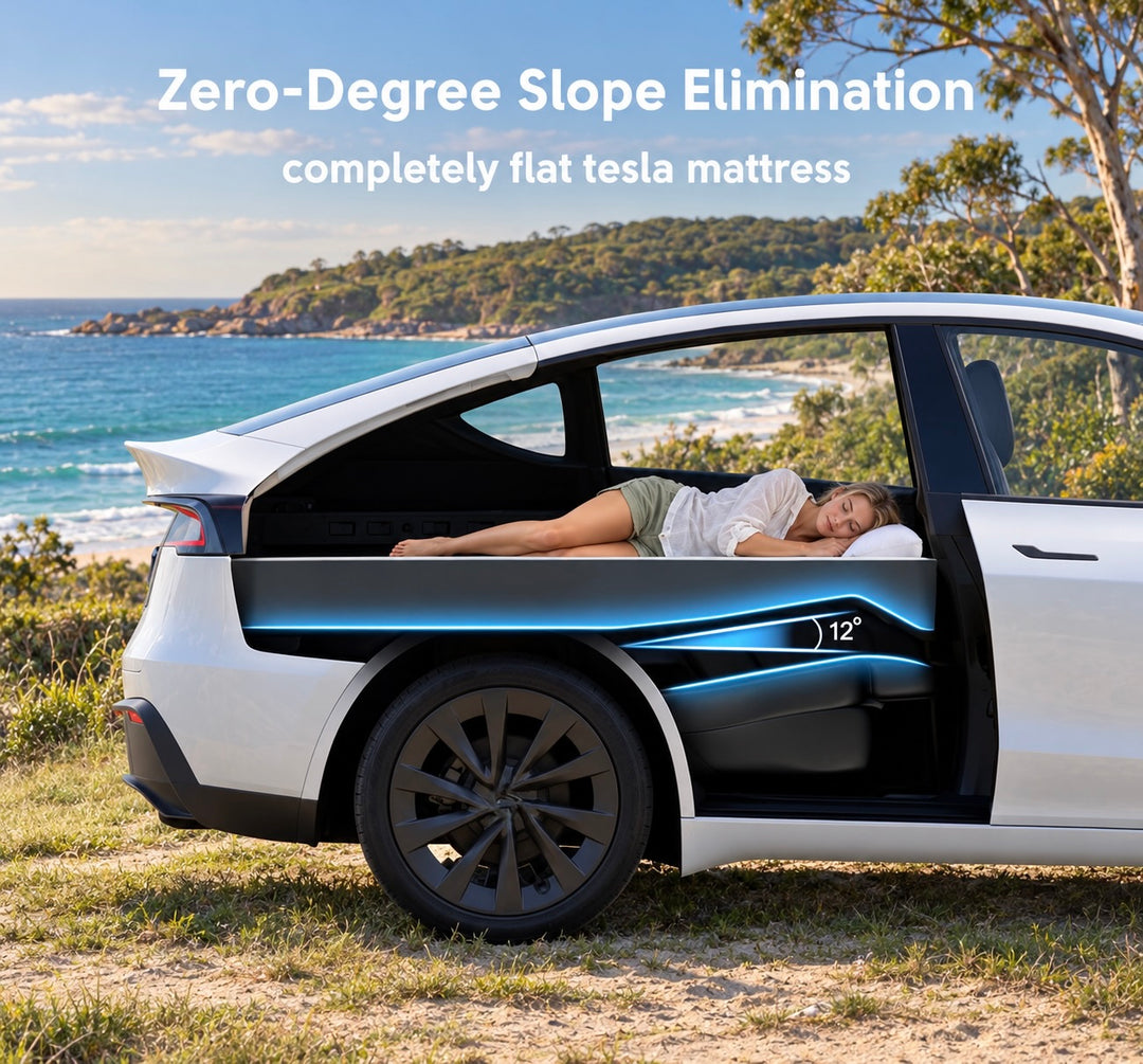 Woman sleeping flat on the new Tesla Model Y camping mattress, cutaway view showing the wedge levelling the 12° rear-seat slope, Australian coast